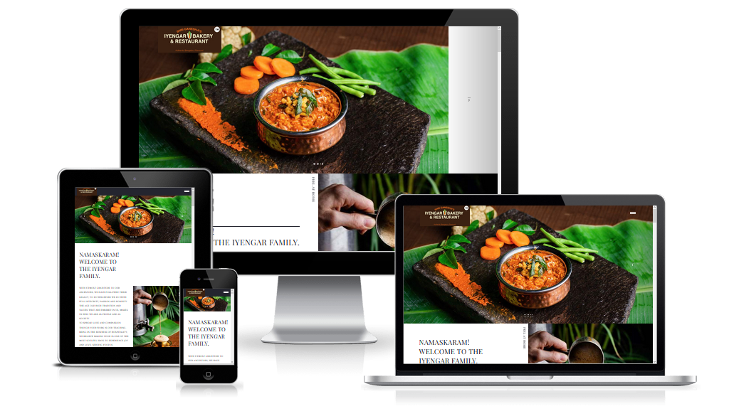 Screenshot of Shri Ganeshji Iyengars website homepage showcasing online ordering options, mouthwatering food photography of signature dishes, and a map highlighting their location in Andheri West.