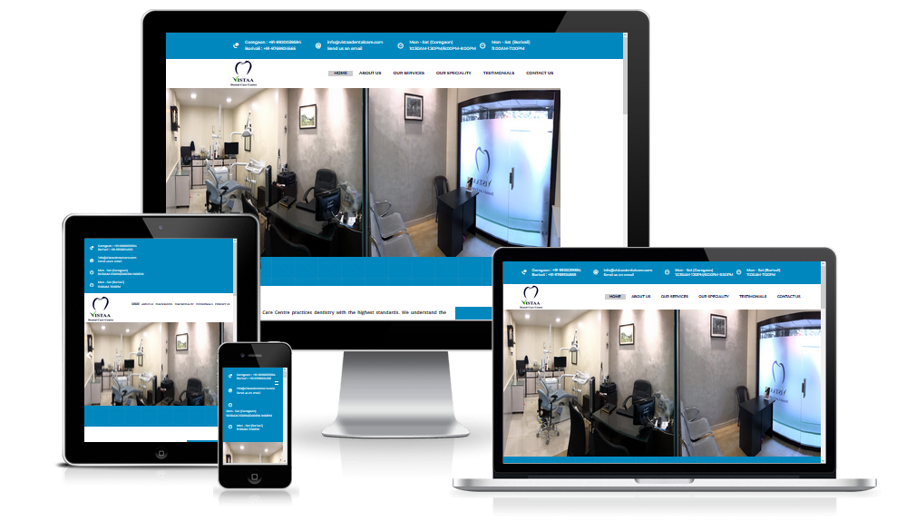 Screenshot of Vistaa Dental Care Centre website homepage showcasing online appointment booking, virtual consultation features, and photos of the dental team and equipment.
