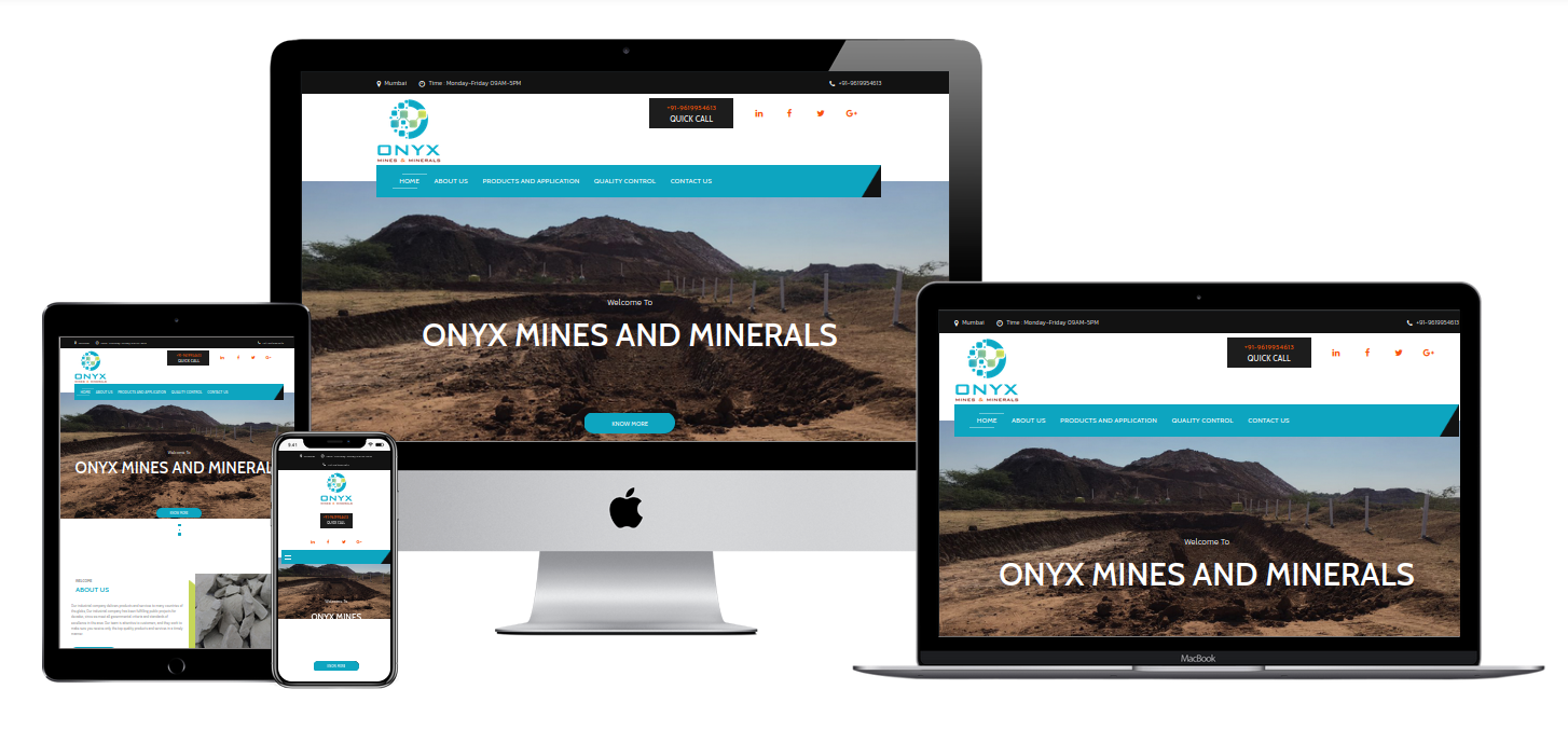 Screenshot of ONYX Mines and Minerals website homepage showcasing product categories, e-commerce features, and interactive map of mining locations.